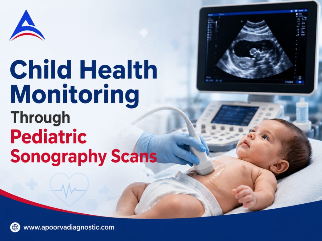Child undergoing a pediatric sonography scan for safe health monitoring and early diagnosis