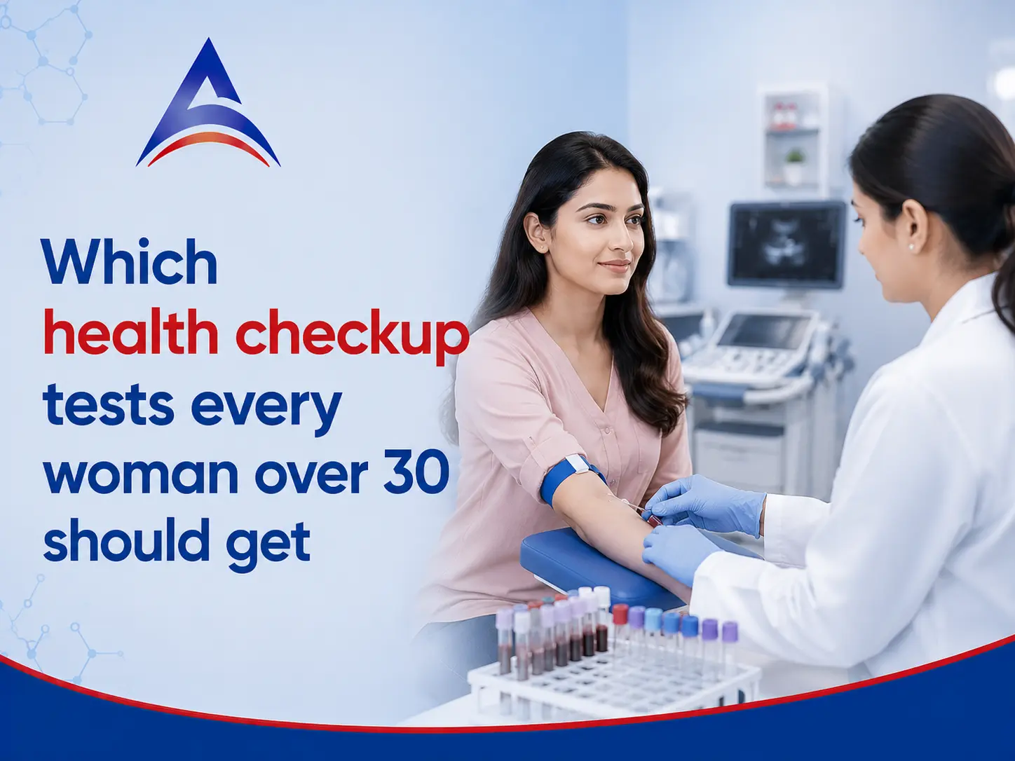 Woman undergoing blood testing during a medical appointment for routine Health Checkup Tests.