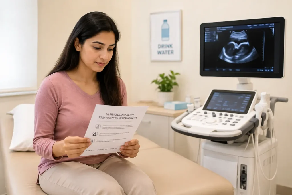 Patient preparing for an ultrasound scan with an ultrasound machine