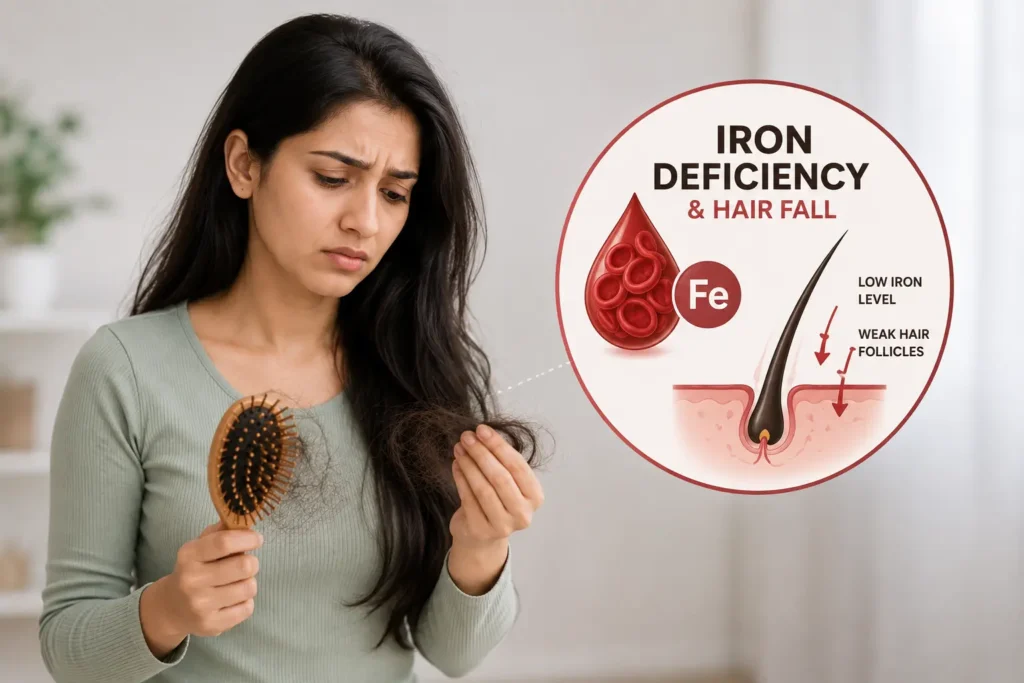 Iron deficiency and hair fall in women, showing hair shedding alongside low iron levels and weakened hair follicles.