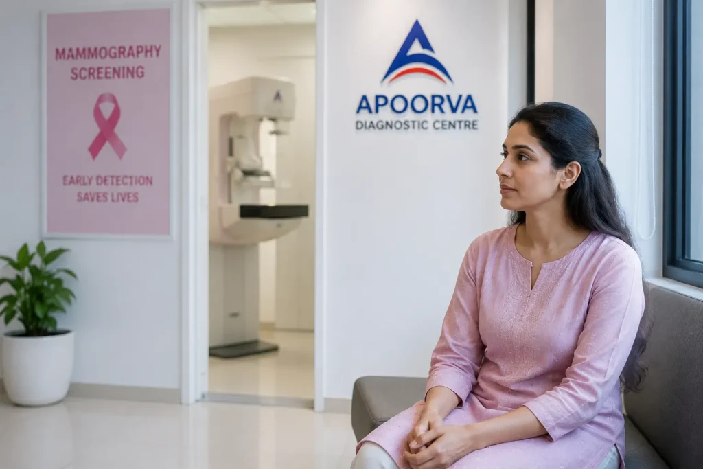 Woman waiting at a diagnostic centre for mammography screening