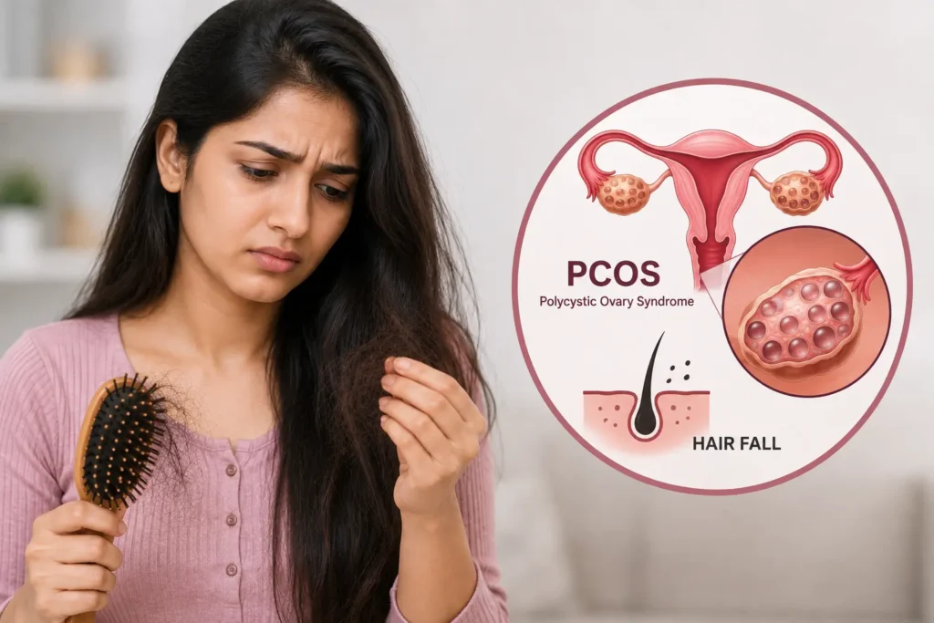 PCOS and hair fall in women, showing a woman experiencing hair shedding alongside an illustration of polycystic ovaries and hair follicle changes.