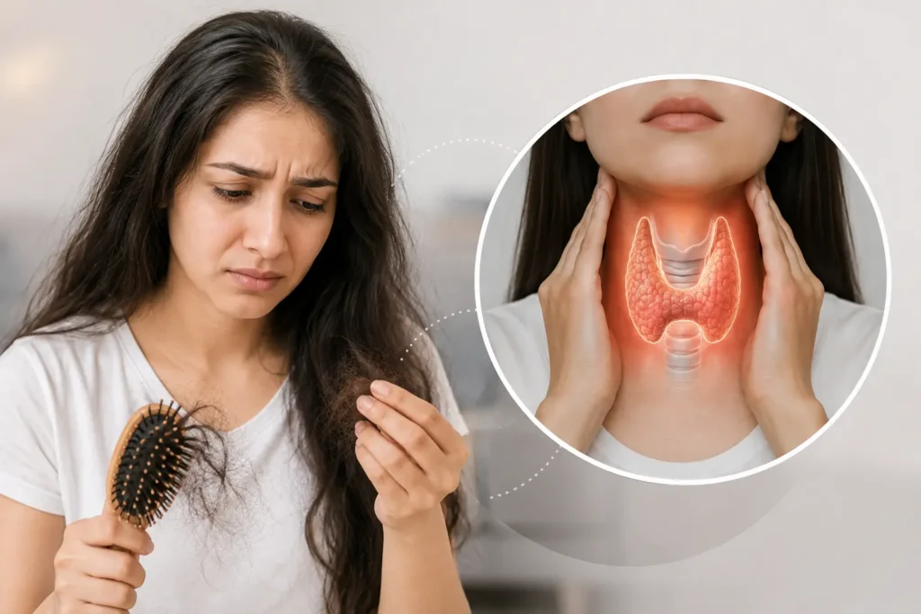 Thyroid problems and hair fall in women, showing a woman experiencing hair shedding alongside an illustration of the thyroid gland.