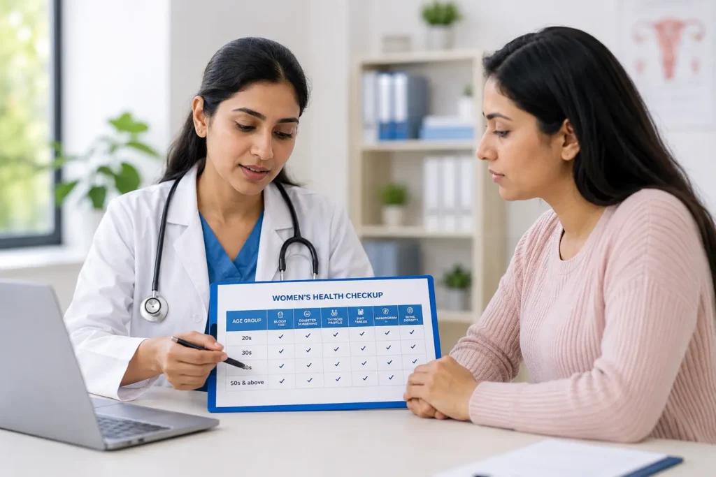 Doctor discussing women’s health checkup tests with a patient across different age groups.